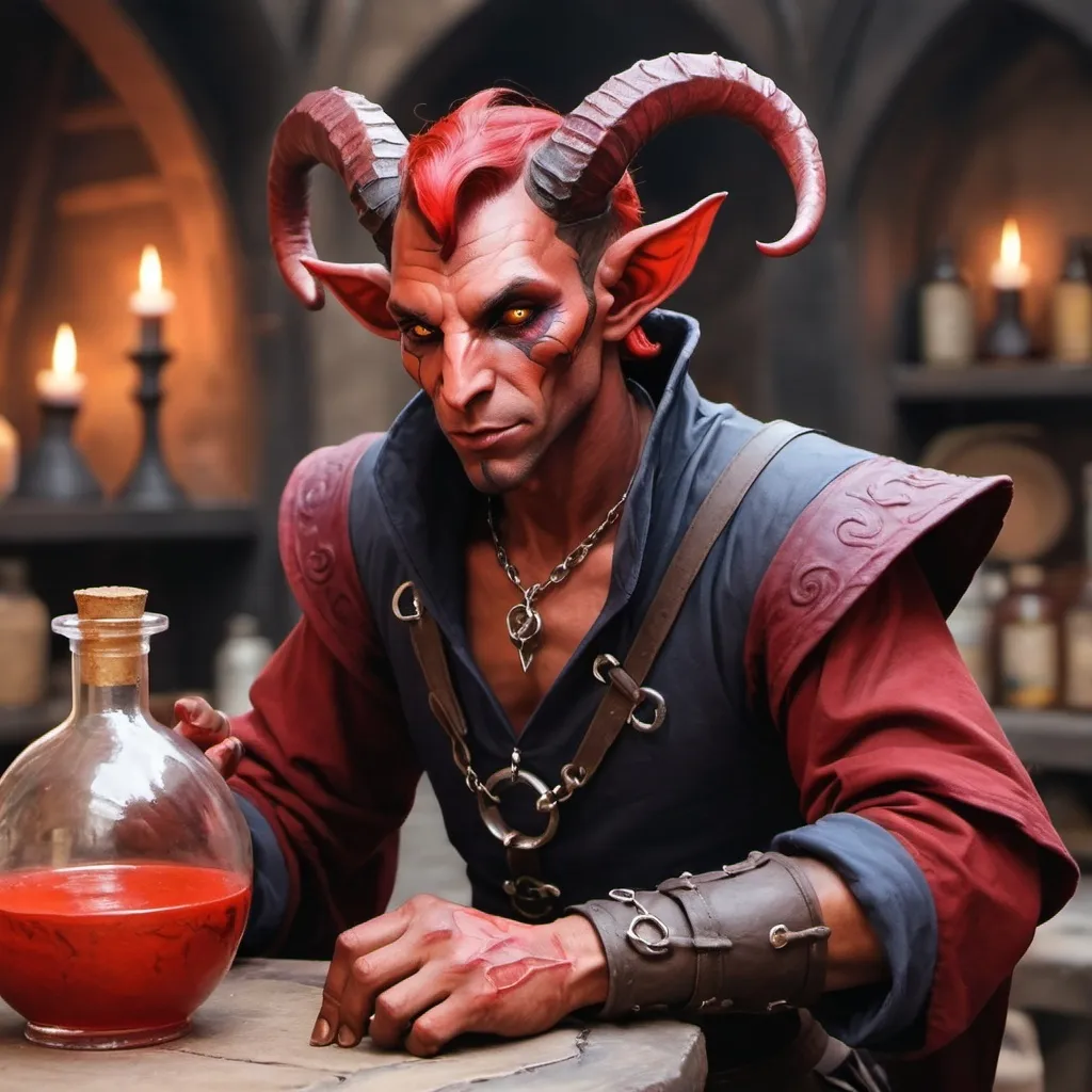 Prompt: Hand painted. Male tiefling. Alchemist with potion in hand. Red skin and short horns. Marketplace has background. Role playing character. 