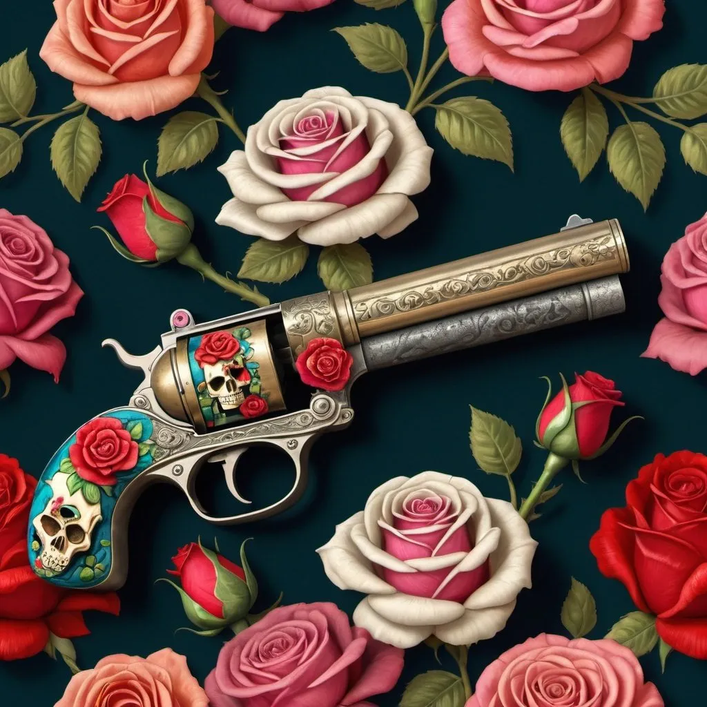 Prompt: XIX century long barrel pistol wrapped with several steem roses with different colours, inspired by Frida Kahlo, and a skull carved in the pistol
