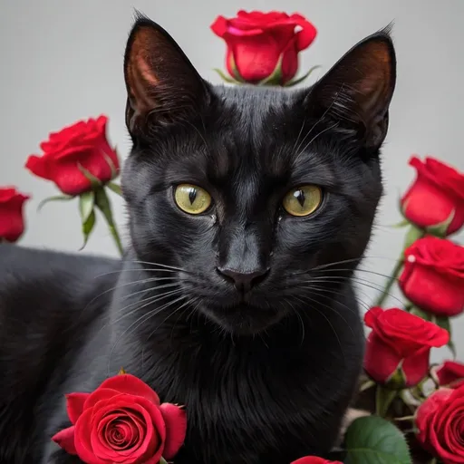 Prompt: A black cat with red roses flowers