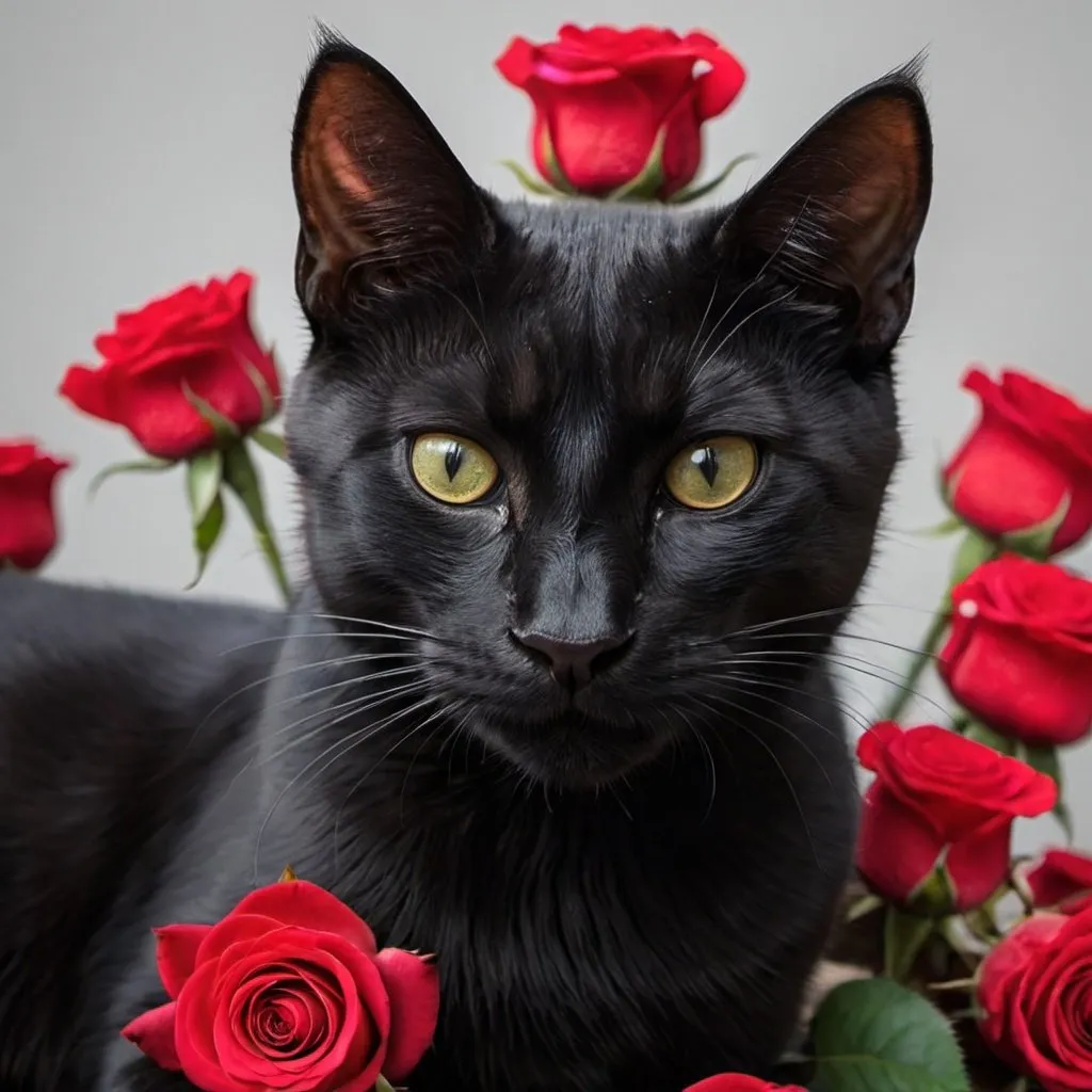 Prompt: A black cat with red roses flowers