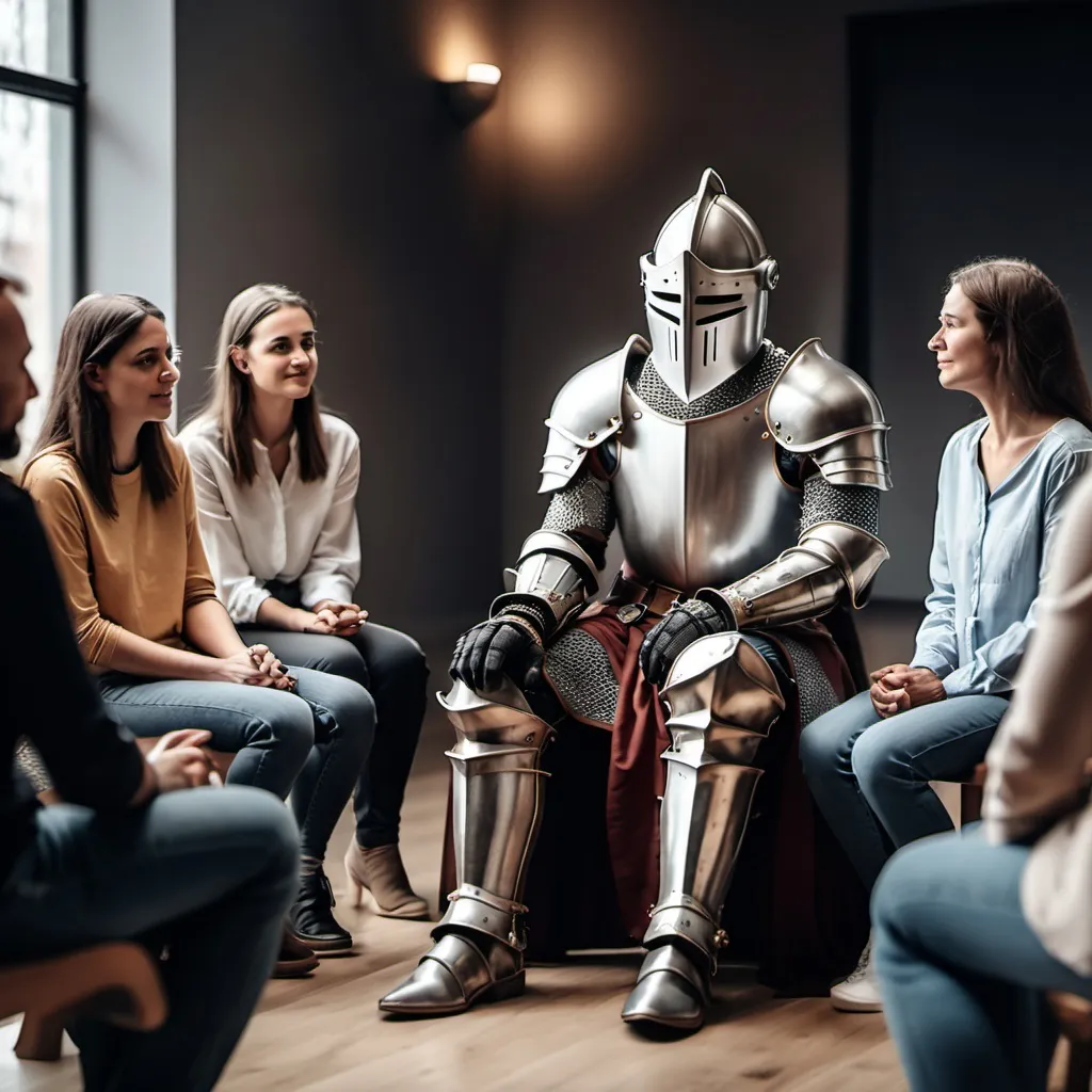 Prompt: A knight sitting down at group therapy with regular people