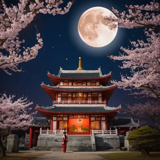 Prompt: asian temple at night asian women cherry tree big moon

