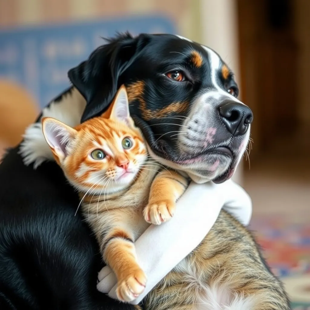 Prompt: Dog hugs a cat in a loving situation