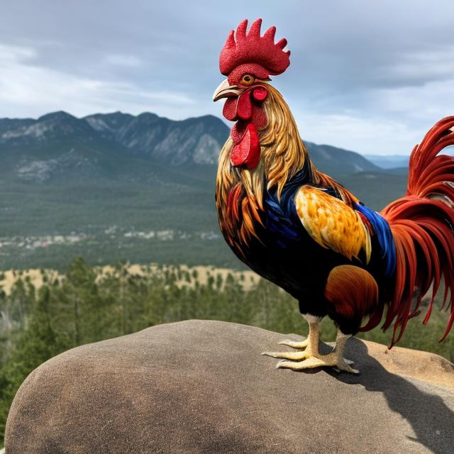 Prompt: A proud rooster is standing atop a large boulder surveying the land around him