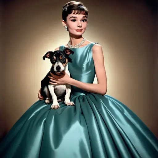 Prompt: Realistic photograph of Audrey Hepburn wearing ankle-length gala ballgown, cuddling realistic pet, solid background, high resolution, detailed, realistic, elegant, classic, vintage, vibrant color, professional lighting