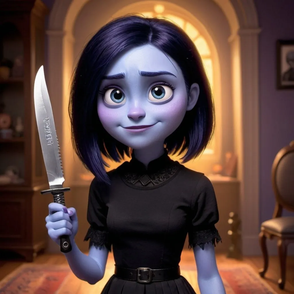 Prompt: Pixar’s inside out girl all grown up as a goth bad girl who loves knives and horror movies 