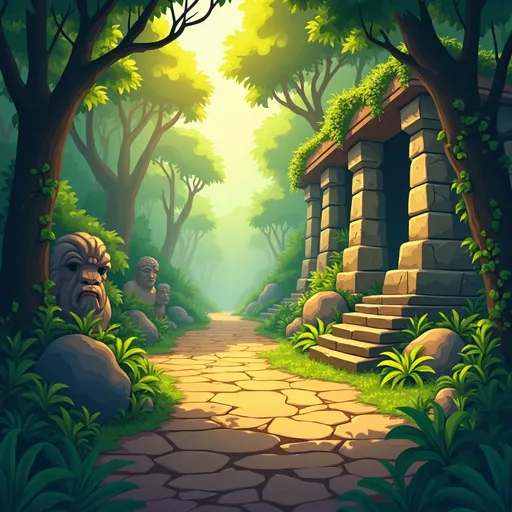 Prompt: "A stylized 2D jungle temple game background, ancient ruins overgrown with vines, a stone pathway leading into the deep jungle, broken statues, golden sunlight filtering through the trees, warm and vibrant colors, cartoon style, side-scrolling view, suitable for a mobile endless runner game"

