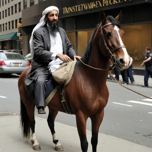 Prompt: bin laden, with horse in new york, far
