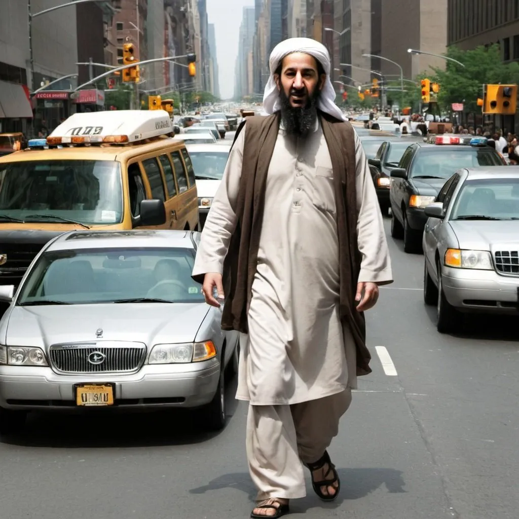 Prompt: bin laden, in middle of traffic, in new york, full body

