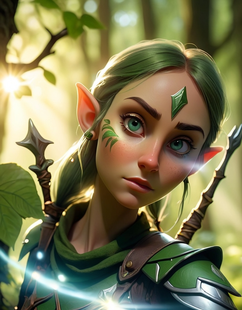 Prompt: Elf ranger in a mystical forest around sunlight