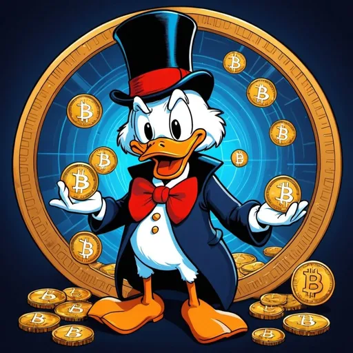 Prompt: Disney-style illustration of scrooge mcduck with bitcoin surrounding him