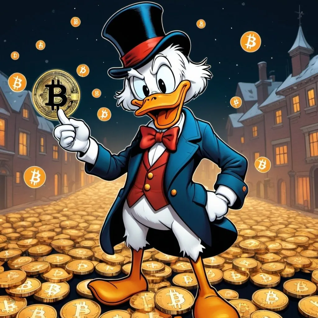 Prompt: Disney-style illustration of scrooge mcduck with bitcoin surrounding him