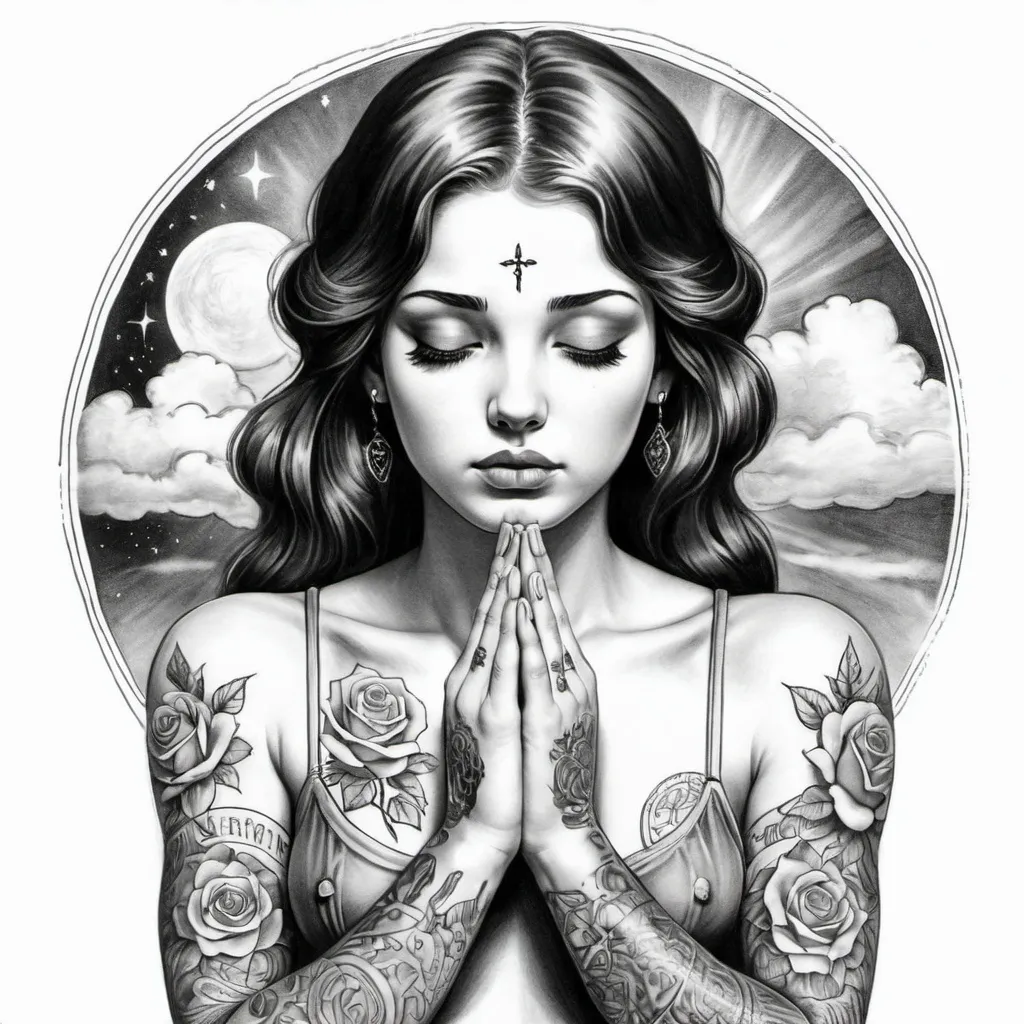 Prompt: vintage drawing of a beautiful tattoo'd girl, hands together praying, looking towards the sky