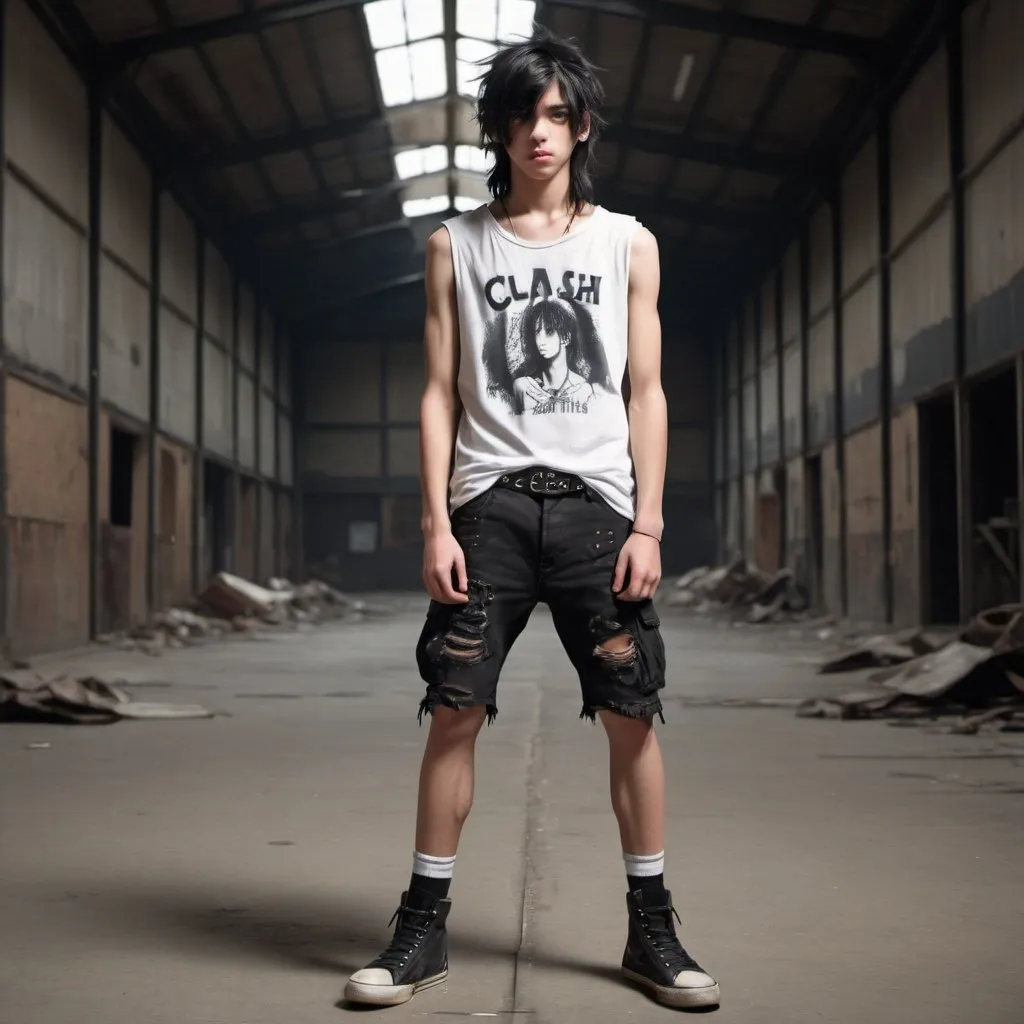 Prompt: Full shot of a skinny teenage male with messy medium long black hair, wearing a white torn sleeveless THE CLASH t-shirt, a black cargo short pants with a studded belt and high-cut old torn sneaker shoes, standing in the middle of a wide desolated dark empty warehouse