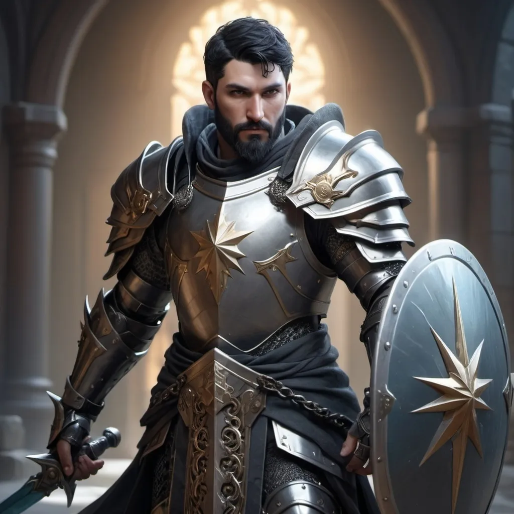 Prompt: fantasy RPG character, (Aasimar paladin), male with (grey skin), (pale skin), short (black hair) and a (short black beard), clad in (radiant chain armor), holding a (Morningstar weapon) and a (shield), cool color scheme, ethereal lighting, (highly detailed), (4K).