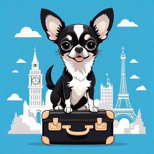 Prompt: Cute black and white chihuahua traveling around the world with suitcase, bright blue background, flat illustration, cartoon, vector illustration