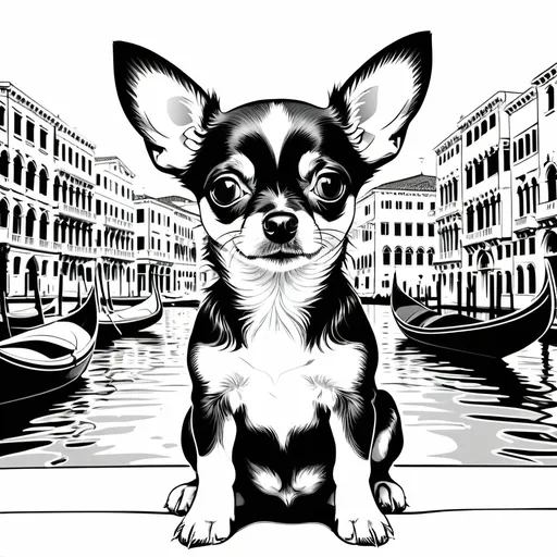 Prompt: B&W coloring book page, black and white chihuahua puppy in Venice, line art, solid white background