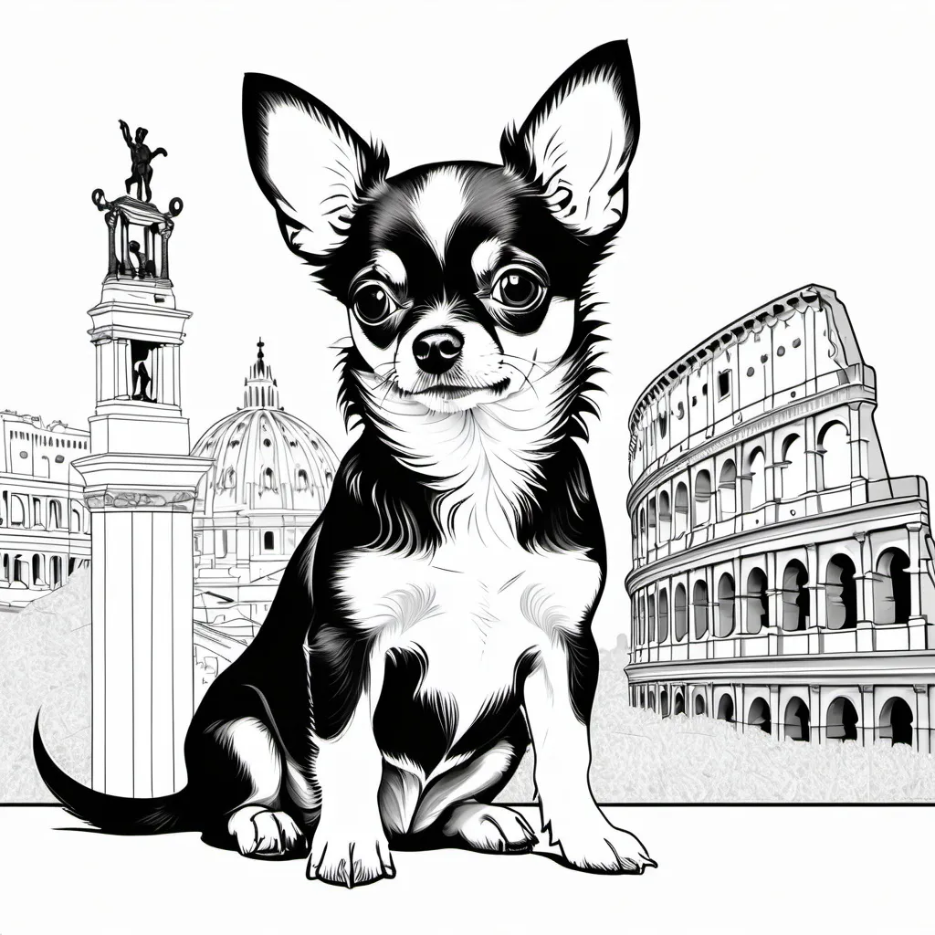 Prompt: B&W coloring book page, black and white chihuahua puppy in Rome, line art, solid white background