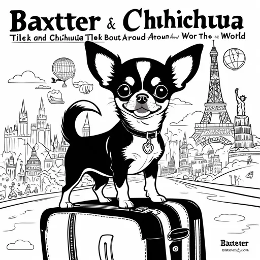 Prompt: Color title page black and white chihuahua Baxter traveling around the world line art