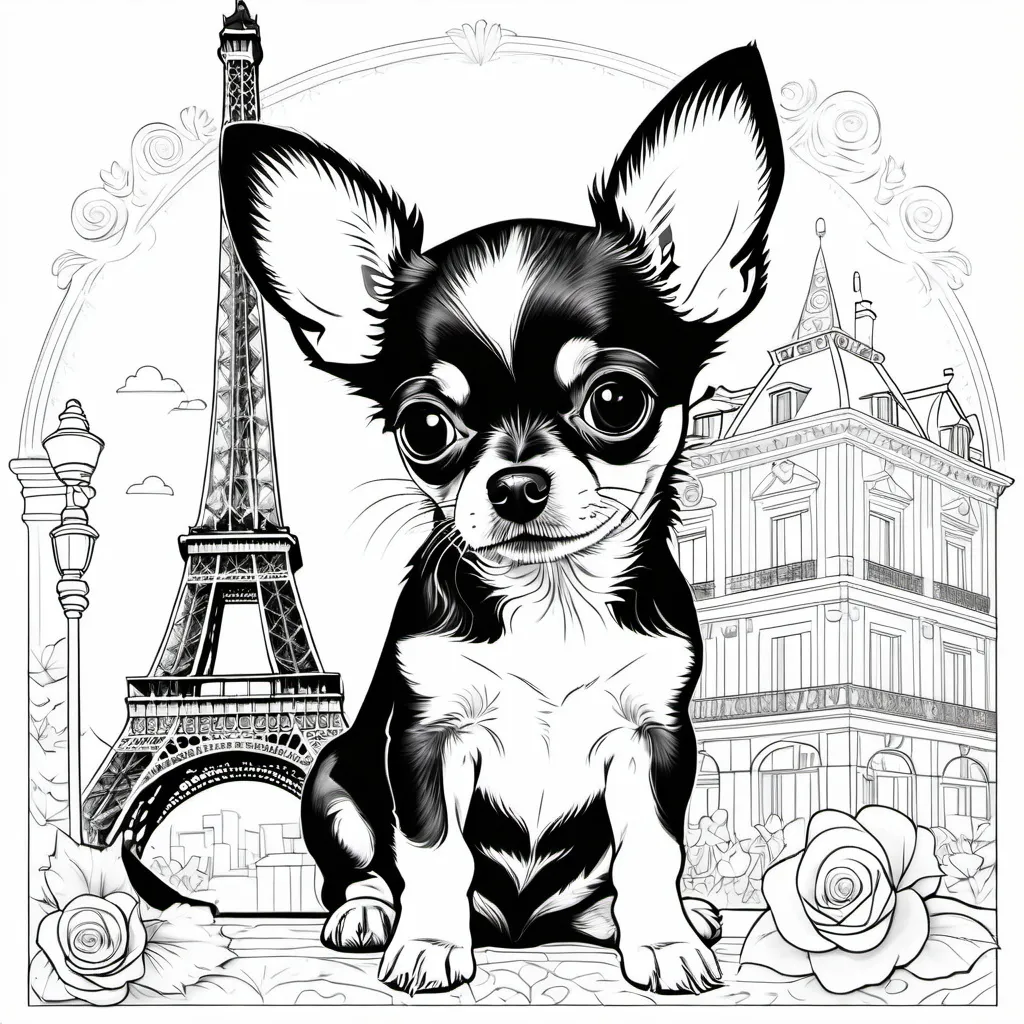 Prompt: B&W coloring book page, black and white chihuahua puppy in Paris, line art, solid white background