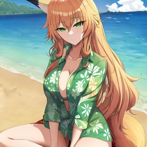 Prompt: a green eyed fox girl with long curly blonde hair wearing a Hawaiian shirt with her tail under her shirt sitting on a beach in the islands