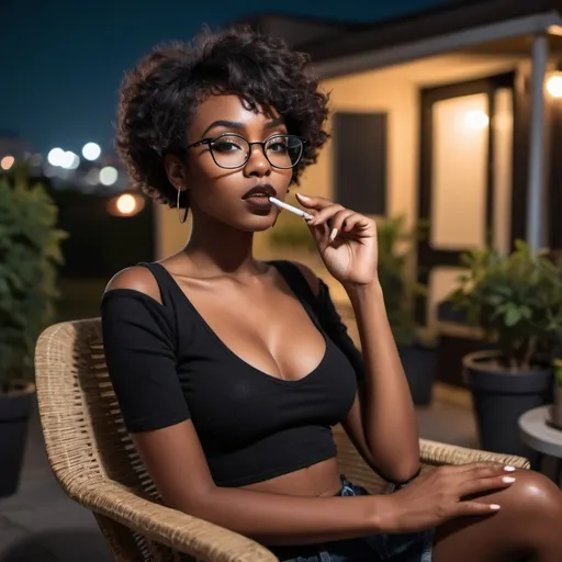 Prompt: a gorgeous  model like black girl with almond shaped eyes slim waist with short relaxed hair and hourglass figure wearing glasses with a black frame smoking weed outside on a chair at night
