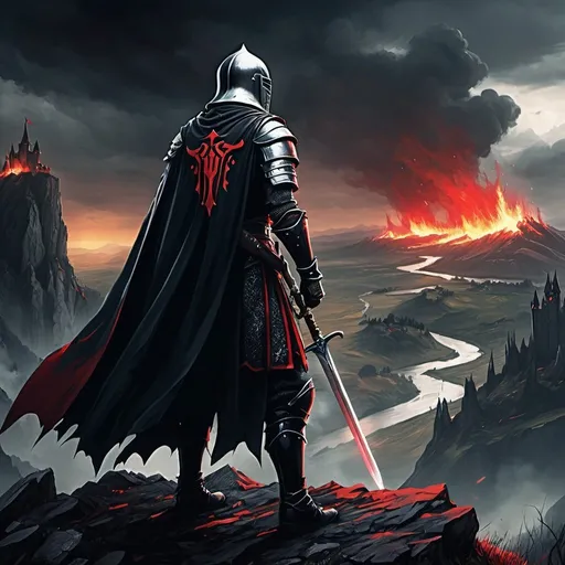 Prompt: A medieval warrior with a black cape, knights attire and helmet with red detail. He is standing in the far on the edge of a cliff. mostly visible are his back and a great sword with thorns on his back. the atmosphere is dark, where the ground the stands on is muddy with remains of battle and in the distance there are valleys shinning with lights of fire that leads uo the a castle a top of another hill