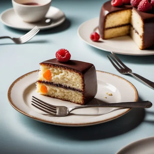 Prompt: a cake with a slice missing from it on a table with a plate and a fork next to it, Florianne Becker, art photography, professional food photography, a stock photo