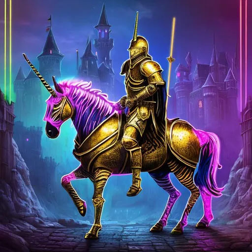 Prompt: Neon zebra-print unicorn, medieval knight in golden armor, European medieval style, detailed armor, vibrant neon colors, medieval fantasy background, high quality, 3D, realism, medieval, neon colors, zebra-print, detailed knight, glowing armor, professional, atmospheric lighting There is a huge castle behind it, and an epic background.