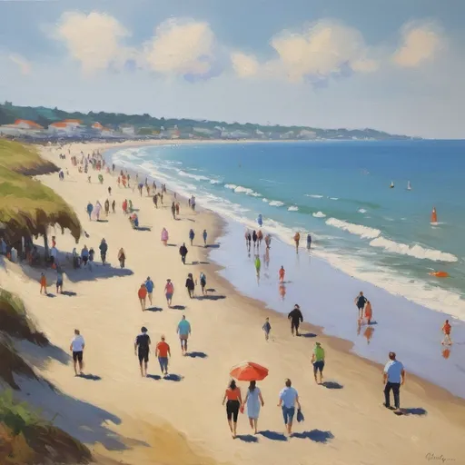 Prompt: Impressionist painting of the beach with people walking around 