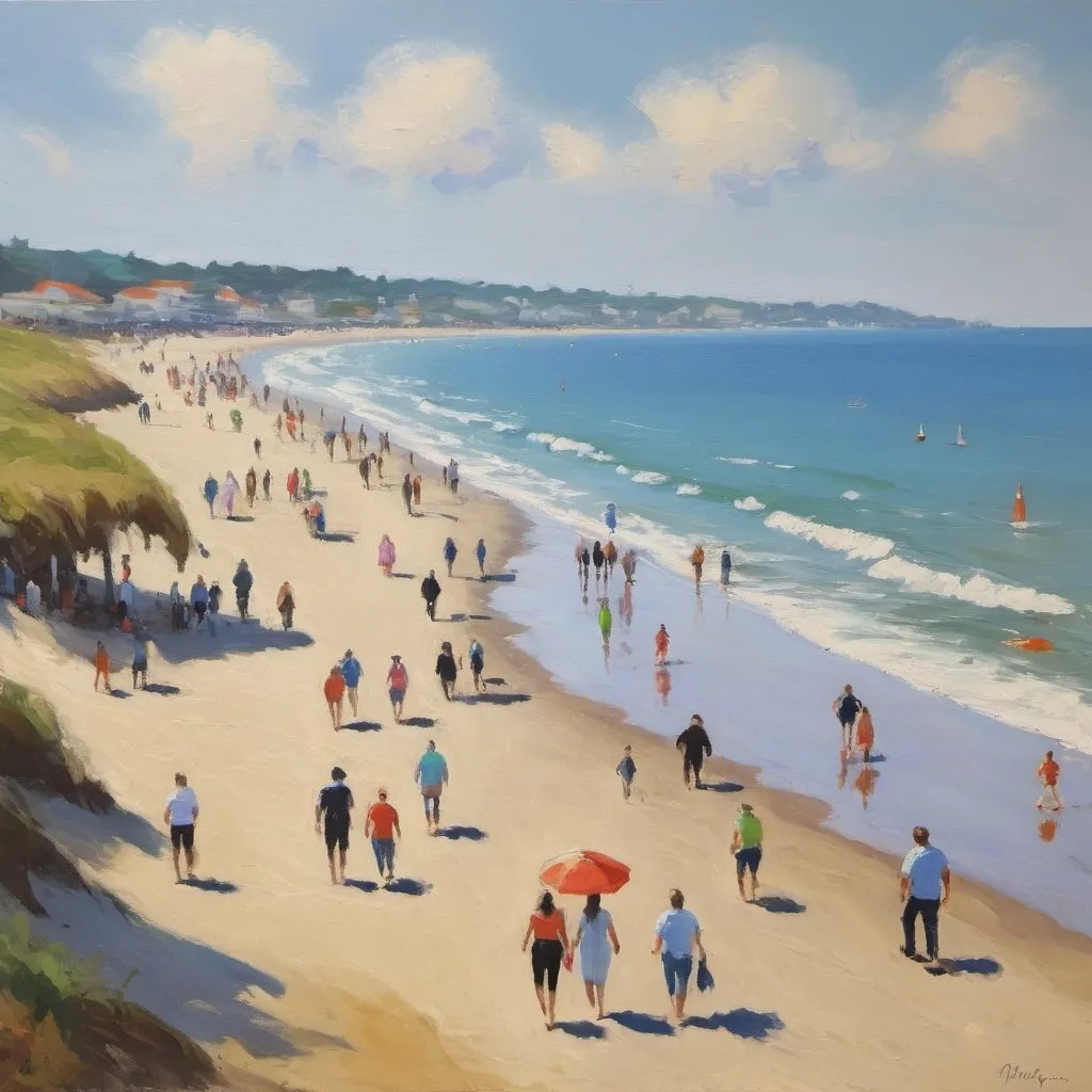 Prompt: Impressionist painting of the beach with people walking around 