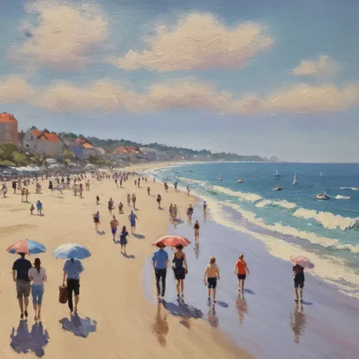 Prompt: Impressionist painting of the beach with people walking around 
