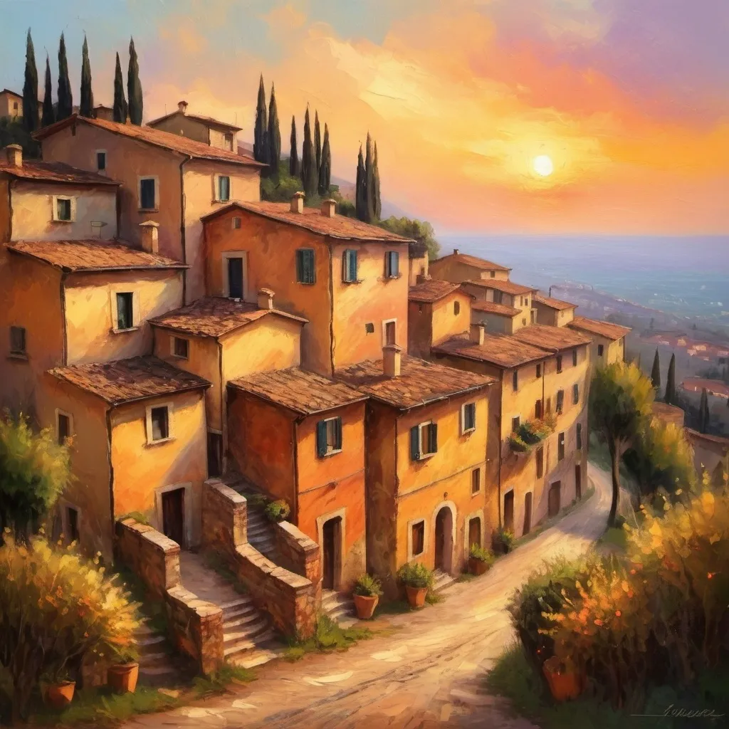 Prompt: Old italian village at sunset. Impressionist style.