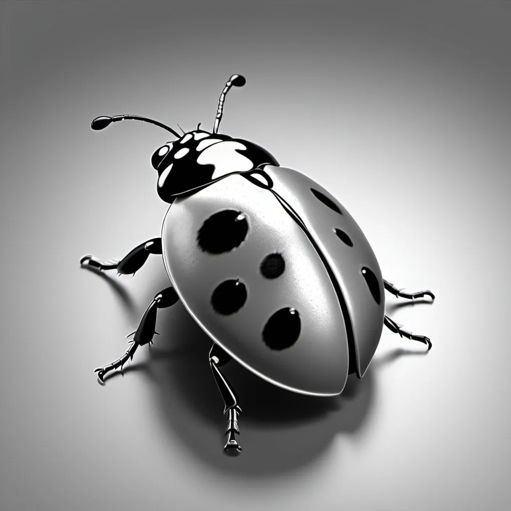 Prompt: Create a 3D relief file of a single ladybug in gray scale with high contrast. Use a minimalistic style and no background. Ensure that the light is balanced to show detail in a side view.