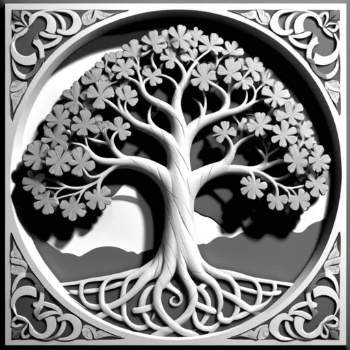 Prompt: an Irish tree of life, grayscale, 3D relief, to be used to create a CNC machine file