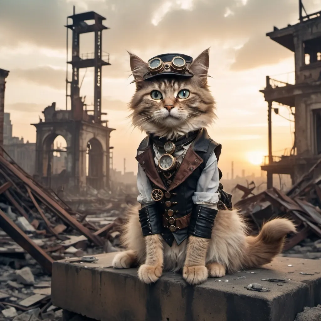 Prompt: A  steampunk style cat sitting in the middle of the ruins  of an abandoned post-apocalyptic city at  dusk