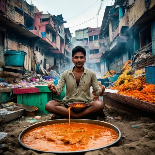 Prompt: a indian eating curry from the curry volcano while in the slums