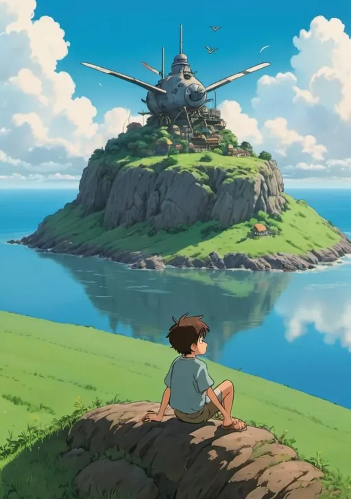 Prompt: Boy sits on the hill and looks in the sky, where flying fortress-like island is flying in the style of studio ghibli directed by Hayao Miyazaki