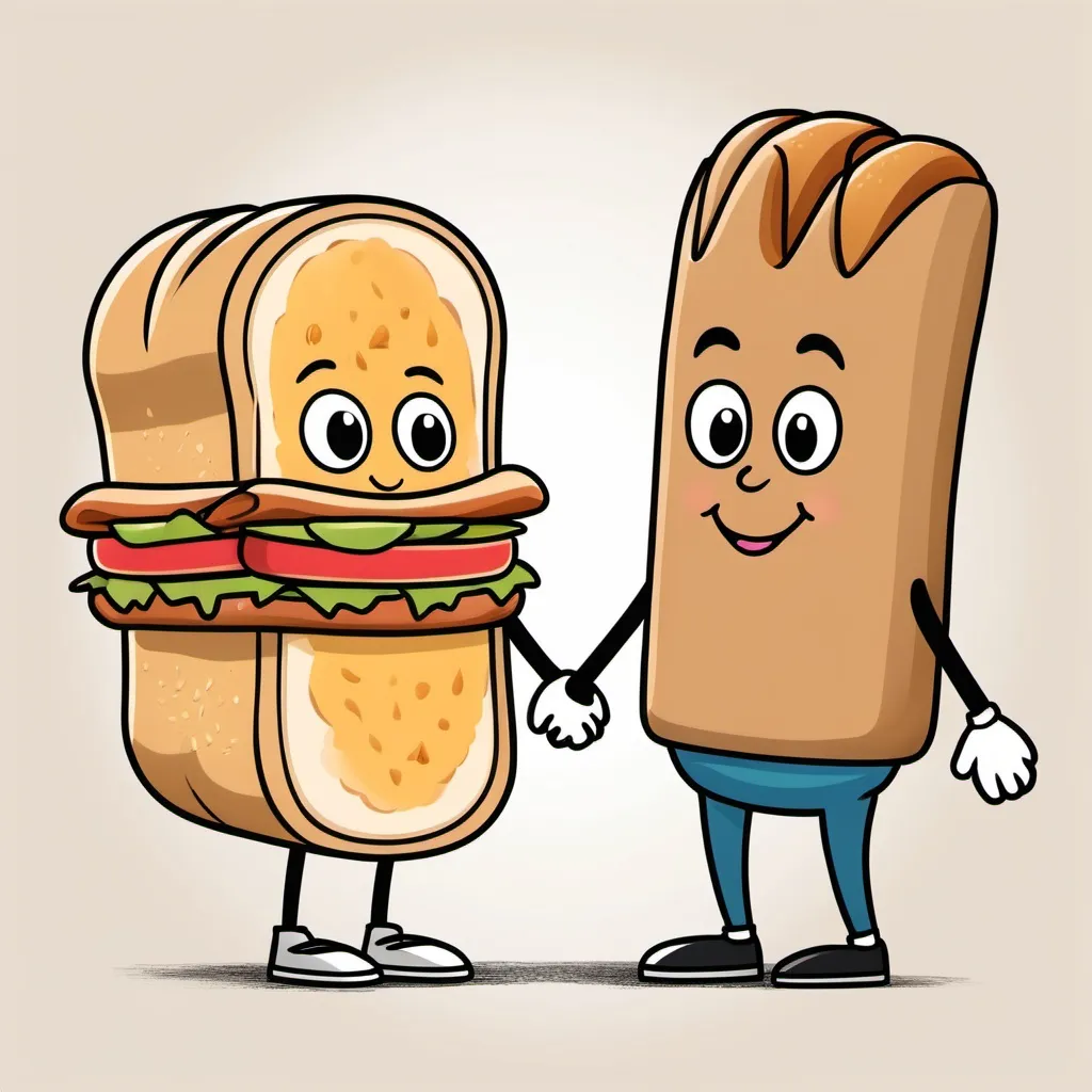 Prompt: Draw a picture of a torta and a hoagie roll as cartoon characters holding hands