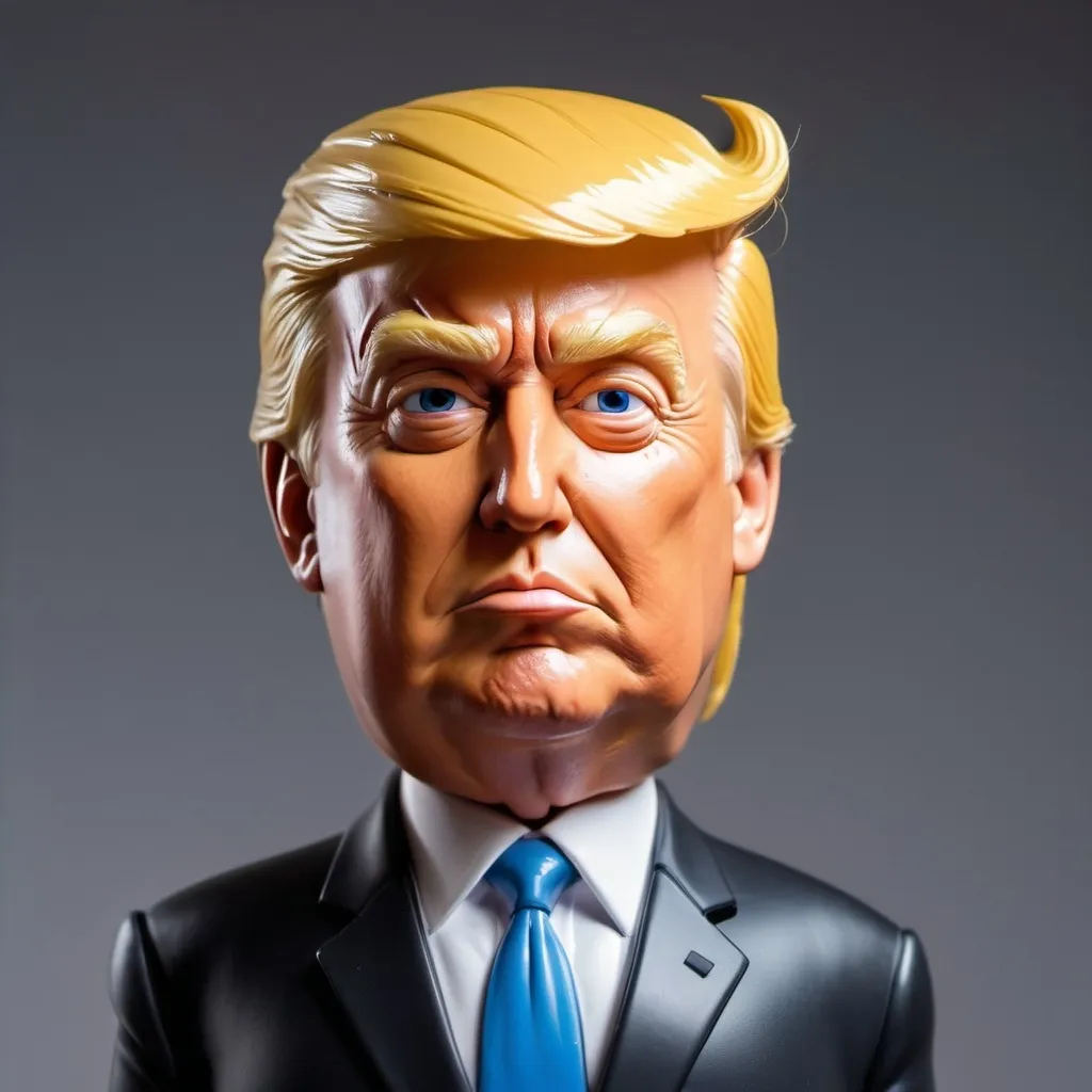 Prompt: yes create A caricature of Donald Trump depicted as a Teflon-coated figure. He is wearing a suit with a shiny, non-stick surface. His expression is confident and resilient, reflecting the idea that nothing sticks to him. The background features a playful, whimsical design with hints of political elements."