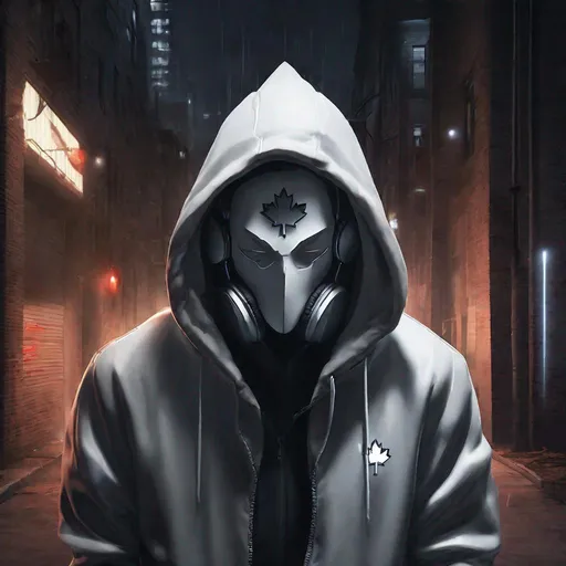 Prompt: A mysterious figure with intense glowing white eyes, adorned in sleek wireless headphones and a hoodie featuring a prominent Canadian maple leaf symbol. The entity stands in a dimly lit urban alleyway, exuding a futuristic and enigmatic vibe with a touch of Canadian pride. The lighting casts dramatic shadows, enhancing the eerie yet captivating presence of this unique character