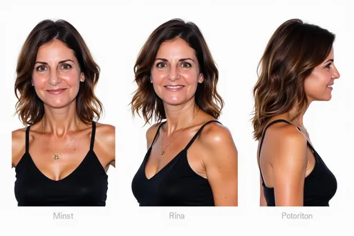 Prompt: A full-body character sheet of photorealistic adult woman 09cf14cd with wavy brown hair, green eyes, gold necklace, black top displayed in three clear views on a clean white background, arranged in a three-column grid pattern with equal spacing and importance. Left panel: front view showing complete anatomical details and outfit. Center panel: perfect 90-degree side view (profile) clearly showing the character's side silhouette, facial profile, and outfit from a direct lateral perspective. Right panel: back view revealing posterior details Each view maintains consistent scale, lighting, and full-body presentation from head to toe. All three perspectives must be equally detailed and given equal prominence in the composition.