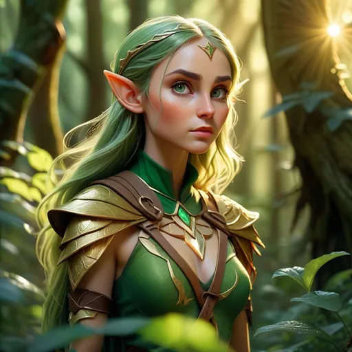 Prompt: (Elf ranger in a mystical forest), sunlight filtering through dense foliage, ethereal atmosphere, vibrant emerald greens and dappled golden light, lush scenery, ancient trees with sprawling roots, enchanted flora, serene and magical ambiance, intricate (elf ranger) attire with fine details, poised stance, alert expression, delicate facial features, photorealistic, ultra-detailed, 4K high quality, dramatic lighting, cinematic masterpiece, high depth shadows and highlights, atmospheric background