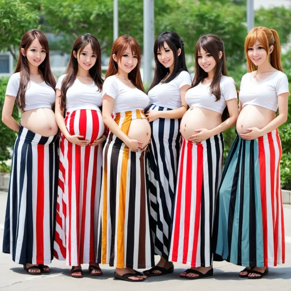 Prompt: Many pregnant anime girls wearing maxi long vertical striped skirts.