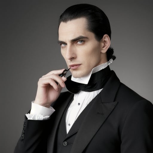 Prompt: An unnaturally handsome man with a long, gaunt face. Skin is a dark gray color. Some what of a larger nose,eyes. His iris's are golden yellow ochre. Jet black widows peak hair, slicked back. He wears an extravagant black 1800s style men's tailcoat, and black cravat. He looks devilish, and charming.