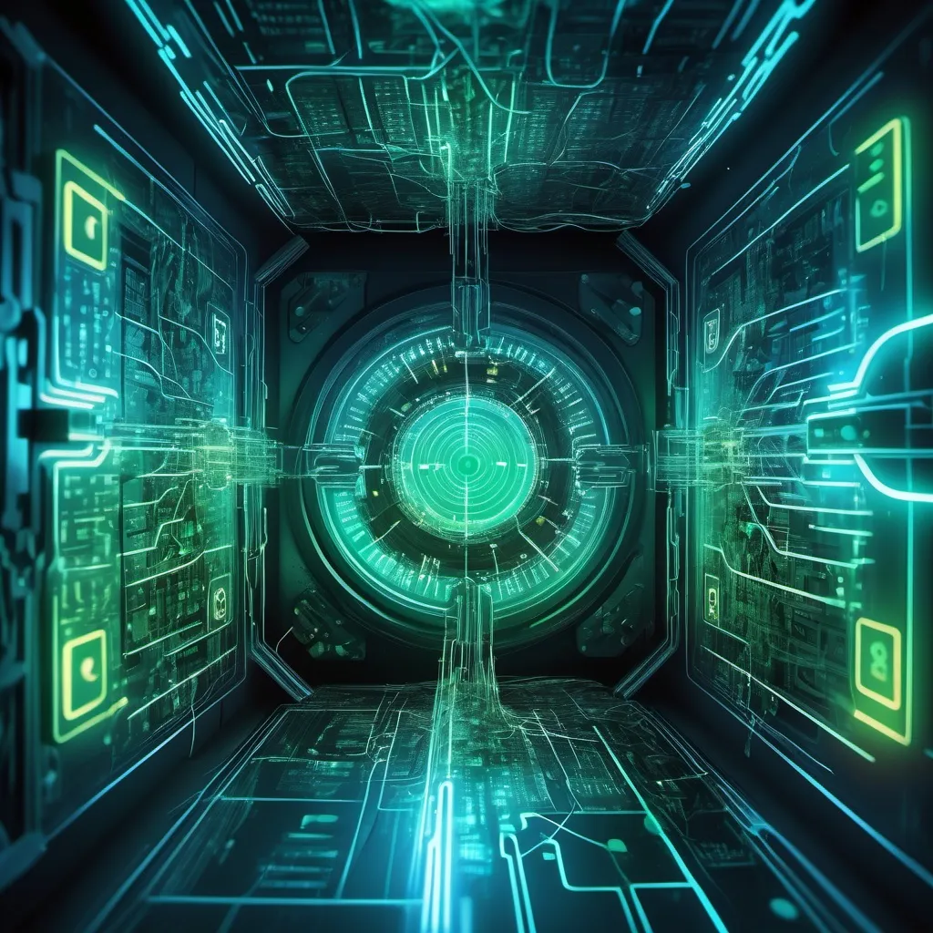 Prompt: (ultra-detailed) depiction of quantum computers targeting encryption, dramatic visual of shattered RSA 2048 locks, digital chaos, glowing code fragmentations, (futuristic) aesthetics, contrasting blue and green neon lights, ominous atmosphere, cyberspace backdrop filled with circuitry, (surreal) effects illustrating the power of quantum capabilities, atmospheric tension surrounding digital security collapse, (highly sophisticated) ambiance of technological confrontation.