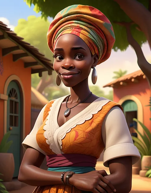 Prompt: (Pixar style character) a 40-year-old African woman, dressed as a married woman, inviting expression, (engaging gaze) looking directly at the camera, warm and welcoming ambiance, brightly colored background of an African zoo, (lush greenery, exotic animals in the distance) vivid details showcasing the lively atmosphere, high-quality, ultra-detailed, vibrant colors, conveying a sense of joy and connection.