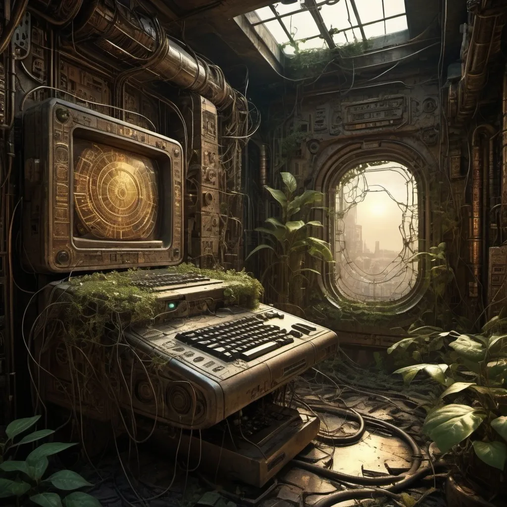 Prompt: (ancient computer), futuristic chaos, intricate machinery, blurred lines between technology and nature, muted earthy tones, warm with hints of gold, atmospheric lighting casting enigmatic shadows, sprawling wires and retro circuits intertwined with overgrown vines, background of crumbling ruins and fading hieroglyphs, mysterious ambience of hidden knowledge, (ultra-detailed), captivating steampunk elements.