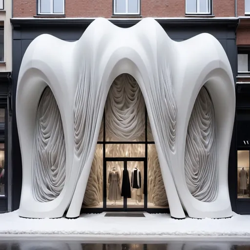 Prompt: flagship fashion store with unique design, fabric material, opac color facade in snow enviroment design by mvrd and iris van herpen