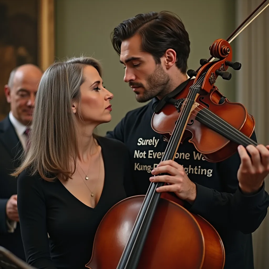 Prompt: A woman in her 40s with graying straight hair holding a cello, looking seductively at a handsome violinist. The violinist is wearing a shirt that says "Surely not everyone was kung fu fighting".  In the background there is a short balding man looking at his cell phone.